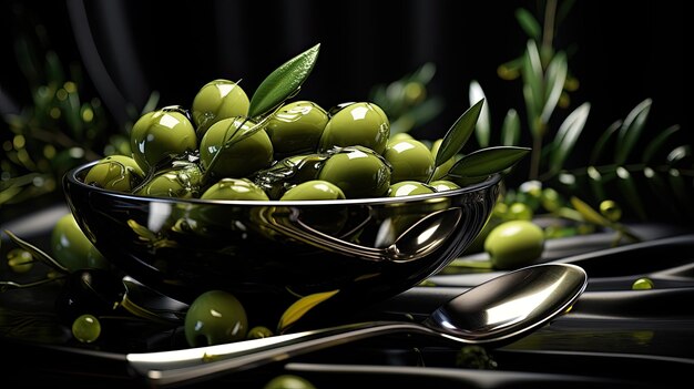 Зеленые оливки в миске на фоне
