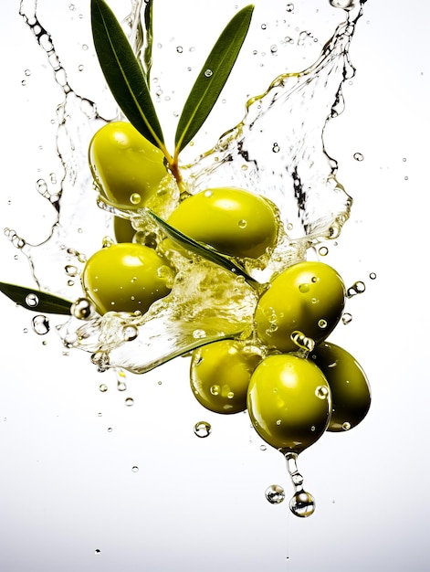 green olives falling into olive oil with splash isolated on white background copy space