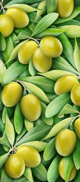Green olives and leaves vertical background
