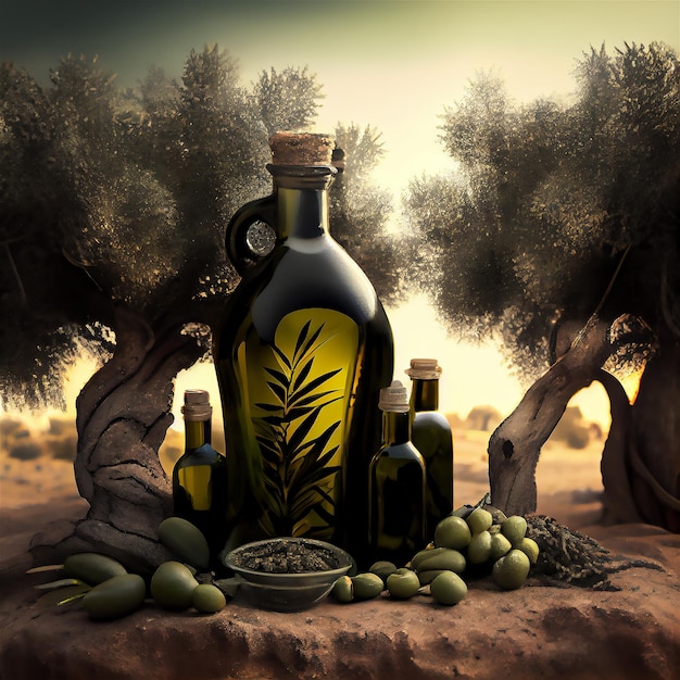 Green olives and oil in olive grove