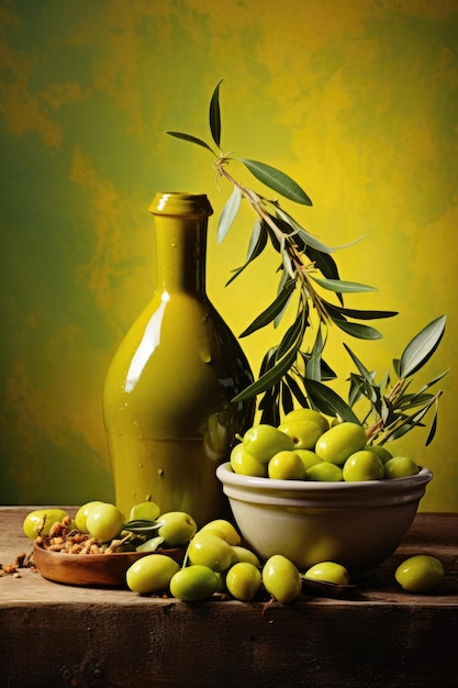 Green olives and olive branch with water drops on a green background
