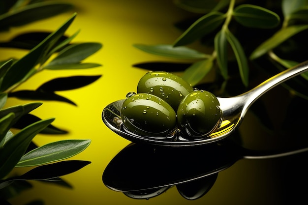Green olives and olive oil in a spoon on a green background beautiful food composition