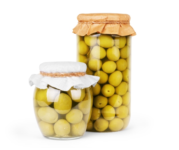 Green olives preserved in bank, bottle