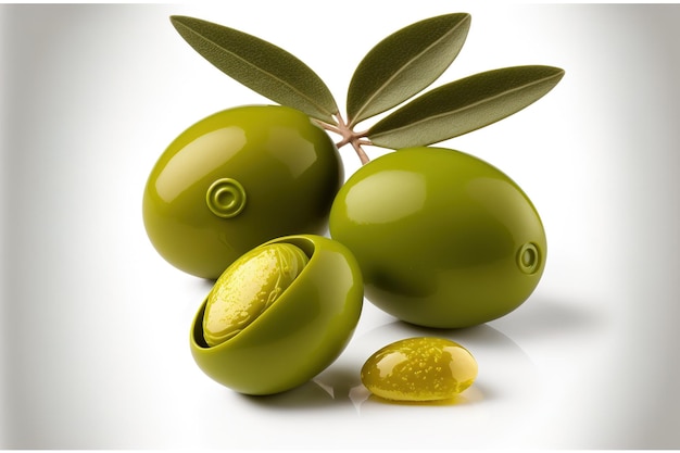 Green olives that are ripe and isolated on a white background