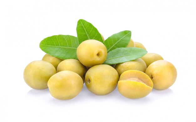 Green olives on a white background