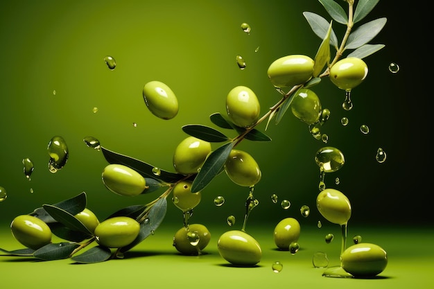 Green olives with green leaves and water drops on a green background