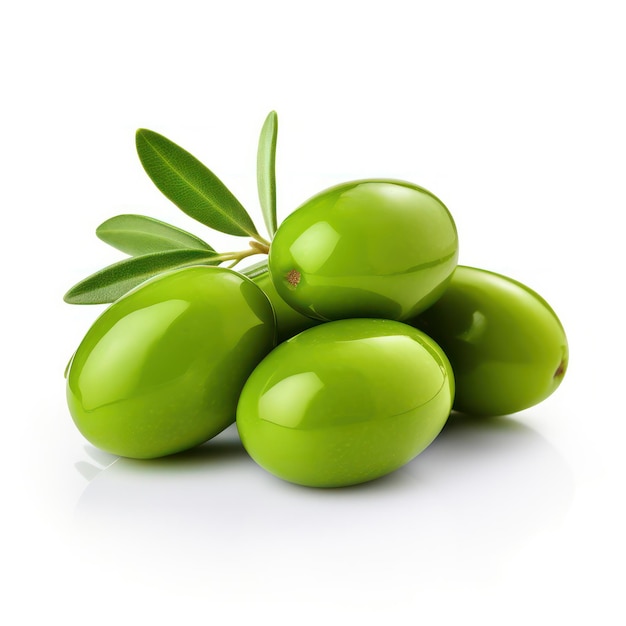 Green Olives with Leaves Isolated on White Background