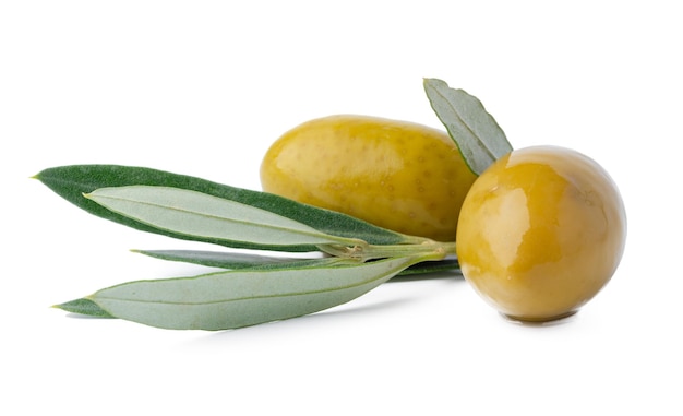 Green olives with leaves isolated on white background