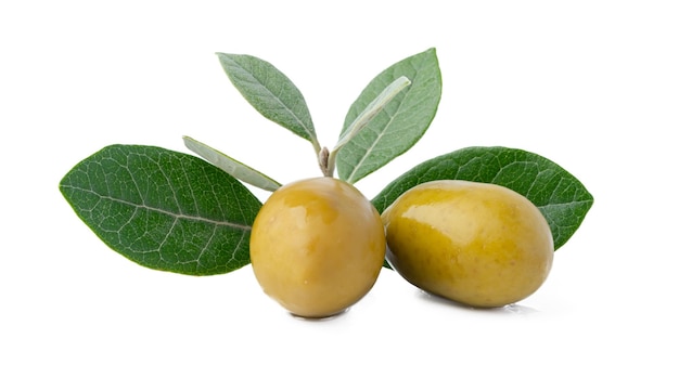 Green olives with leaves isolated on white background