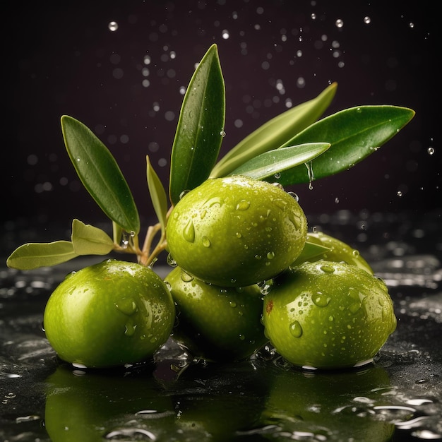 Green olives with leaves and a leaf on it