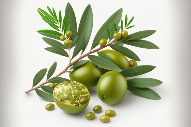 Green olives with leaves that are delicious isolated on a white background