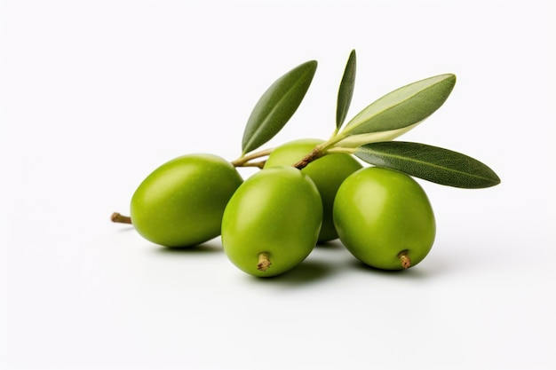 Зеленые оливки с листьями на белом фоне сгенерированы AI