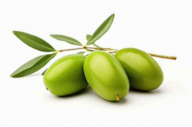 Green olives with leaves on white background AI generated