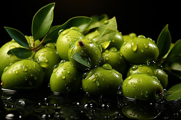 Green olives with splashes of water on a black background