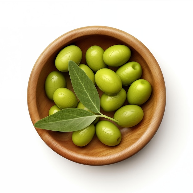 green olives in a wooden bowl isolated on white background