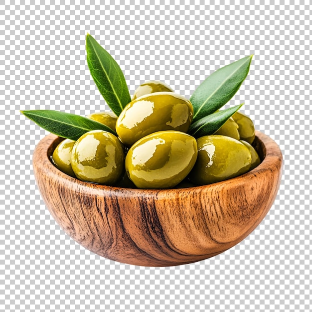 green olives in wooden bowl