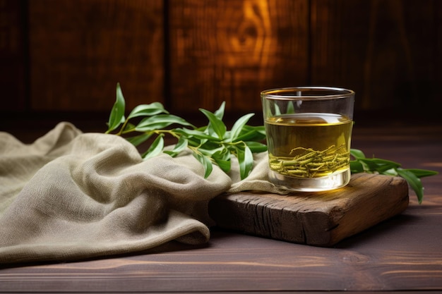 Green oolong tea with herbs on wooden background