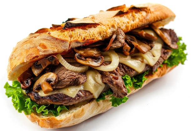 Photo green open steak sandwich with mushroom and melted provolone cheese