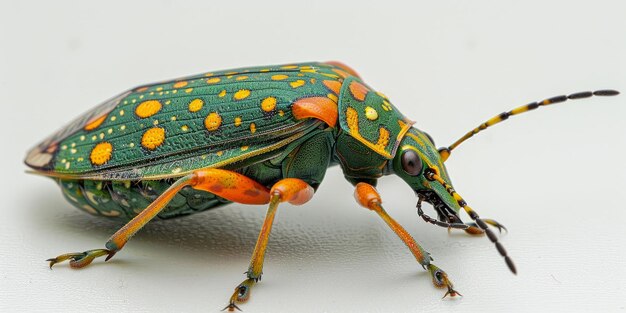 Photo a green and orange beetle on a white background