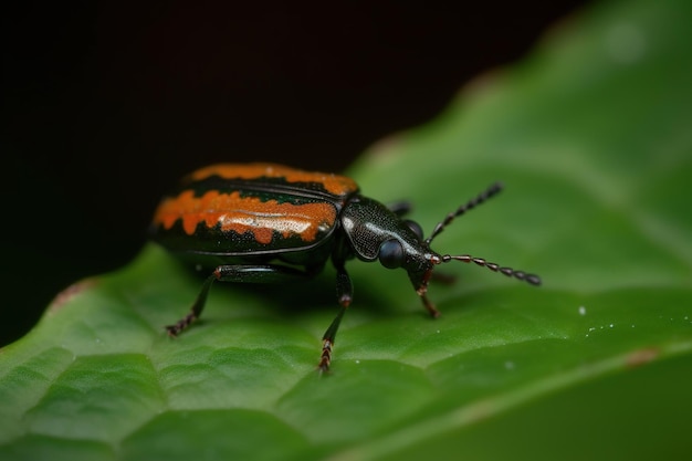 A green and orange beetle with orange and black markings sits on a green leaf.