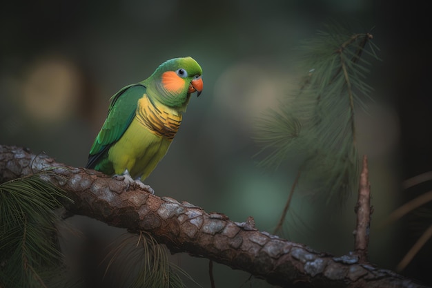 A green and orange Carolina parakeet sits on a branch