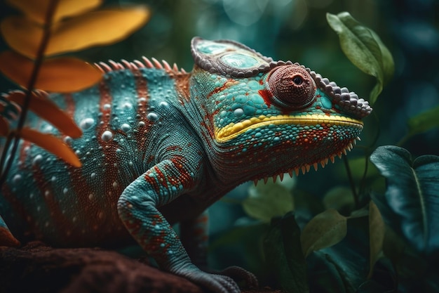 A green and orange chameleon is sitting on a branch in a forest.