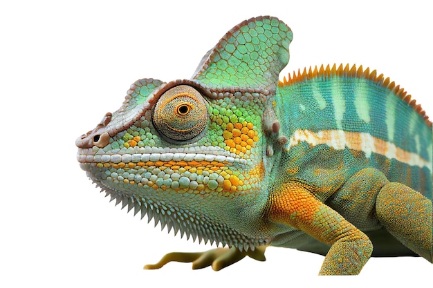 A green and orange chameleon with a white background