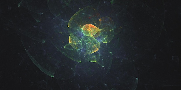 A green and orange image of a large object in a dark room.