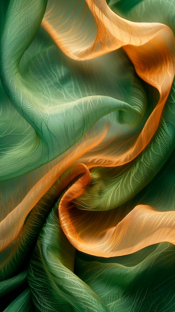 Sfondio di tessuto di seta chiaro iridescente verde e arancione