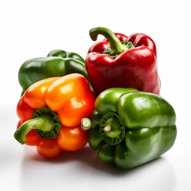 A green and orange pepper is laying on a white surface.