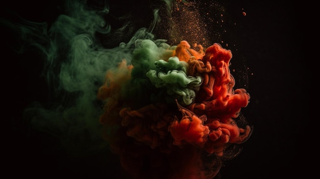 A green and orange smoke is being dropped into the air.