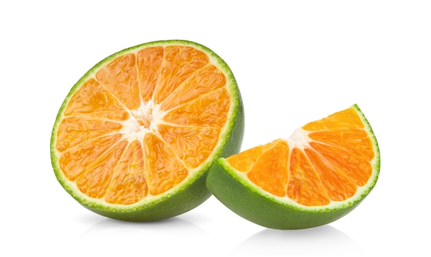 Green orange tangerine slice isolated on white surface