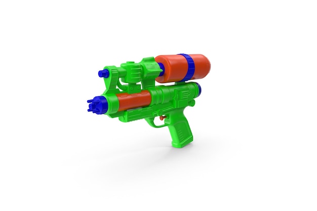 A green and orange water gun with a blue and red handle.