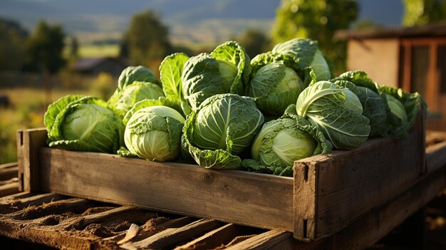 農場の木製の箱に収められた有機野菜