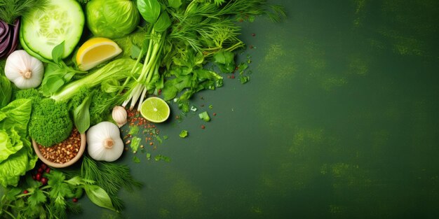 Photo green organic salad ingredients top view promoting healthy lifestyle or detox diet