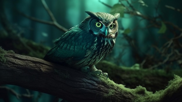 A green owl sits on a branch in a forestgenerative ai