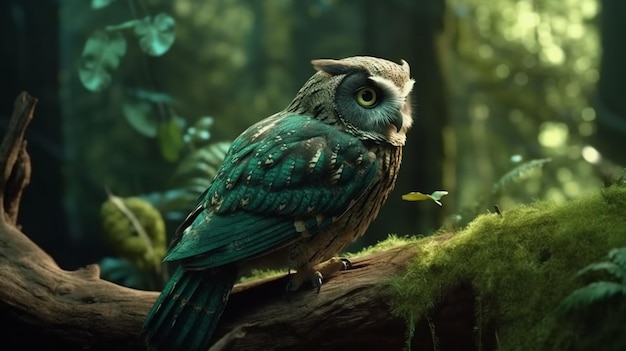 A green owl sits on a log in a forestgenerative ai