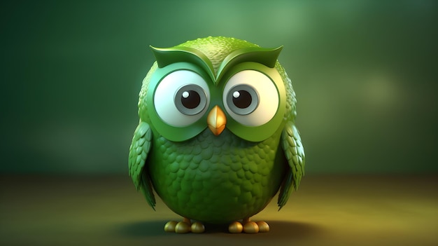 A green owl with big eyes and a green background.