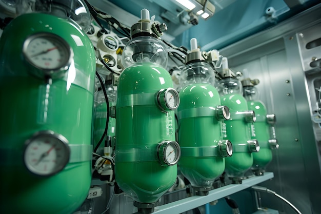写真 緑色の酸素タンク 医療機器