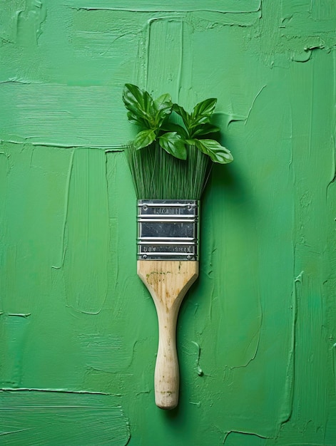 Green paintbrush with basil leaves in the style of photorealist painter playful juxtapositions