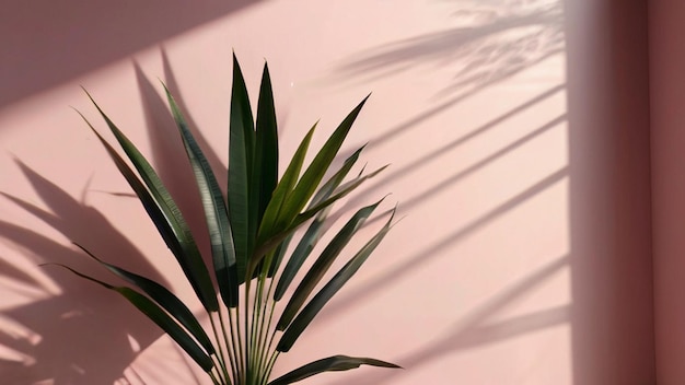 Green palm leaf on pink wall with shadow Minimal concept