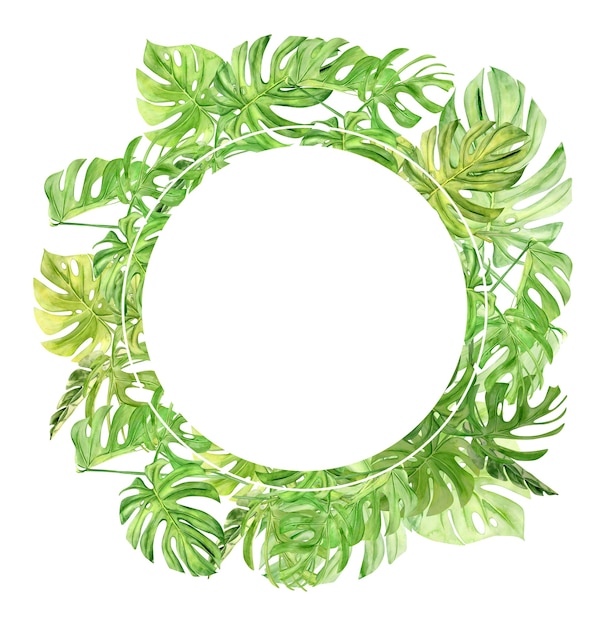 Green palm leaves and flowers frame. Tropical plant. Hand painted watercolor illustration isolated on white.