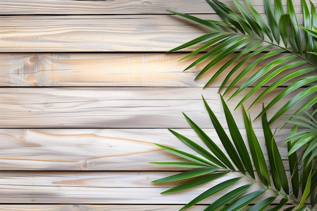 Green palm leaves on a wooden background