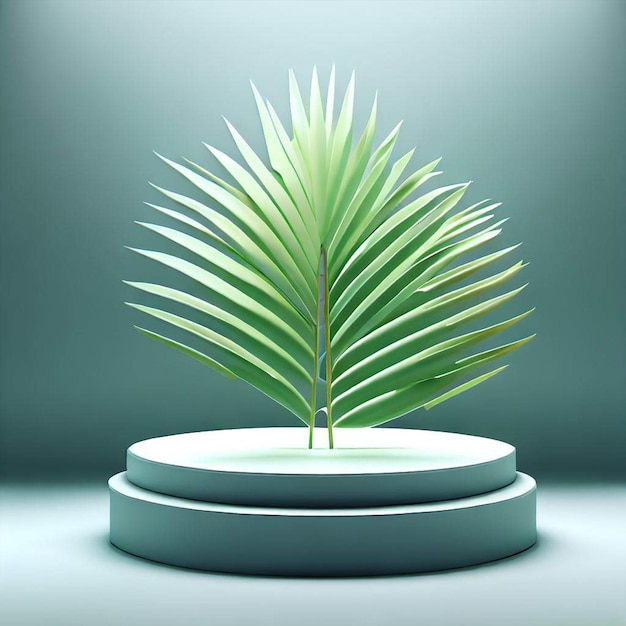 A green palm tree is on a pedestal in a white room.