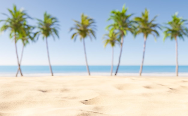 Green palm trees on sandy seashore in summer