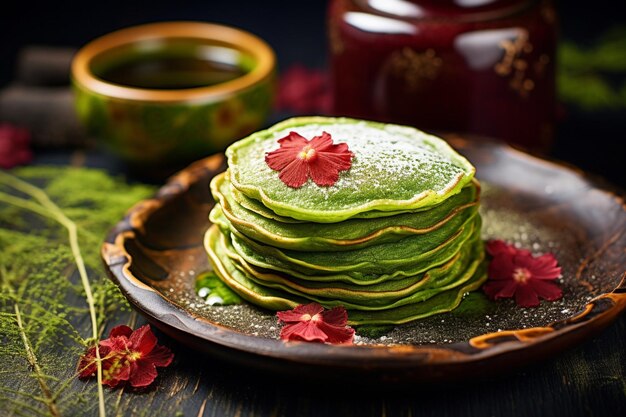 Green pancakes with matcha powder with red jam on light table