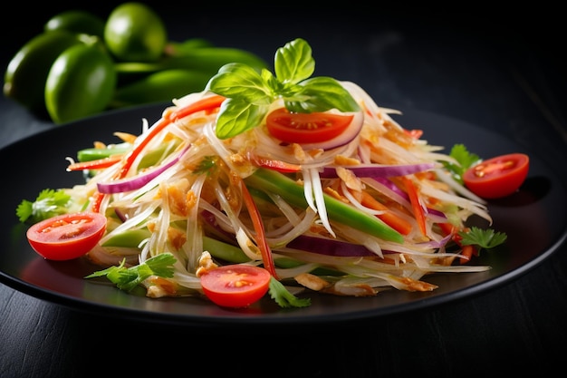 Photo green papaya salad som tam thai on black slate background