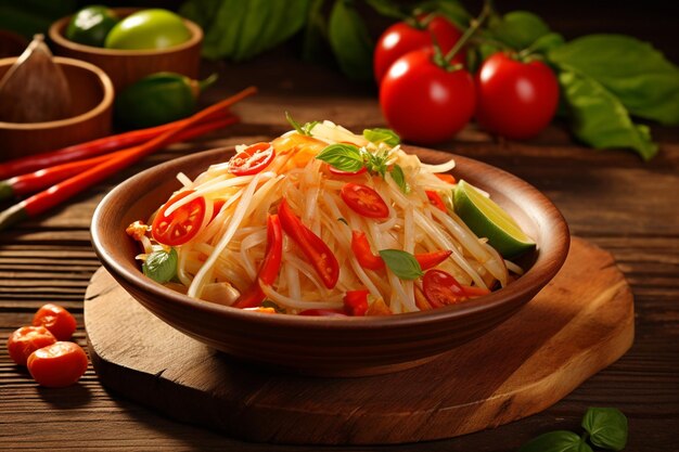 Green papaya salad som tam thai on wooden tablexa