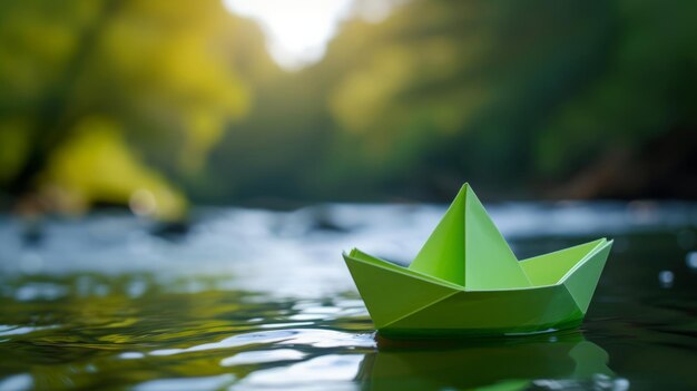 Foto barca di carta verde sull'acqua