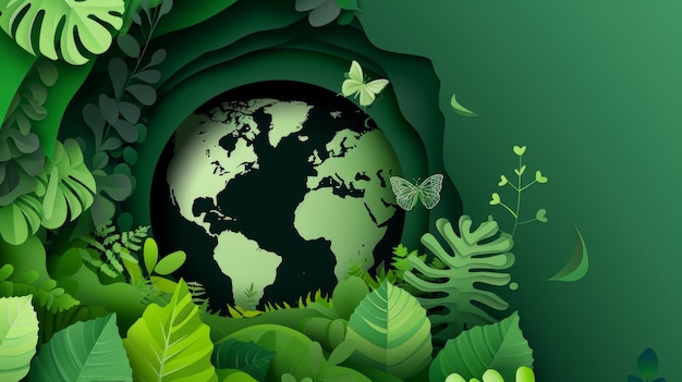 Photo a green paper cut earth planet with nature environment inside illustration concept of a world map with plant leaves and butterflies ecofriendly solution natural care design